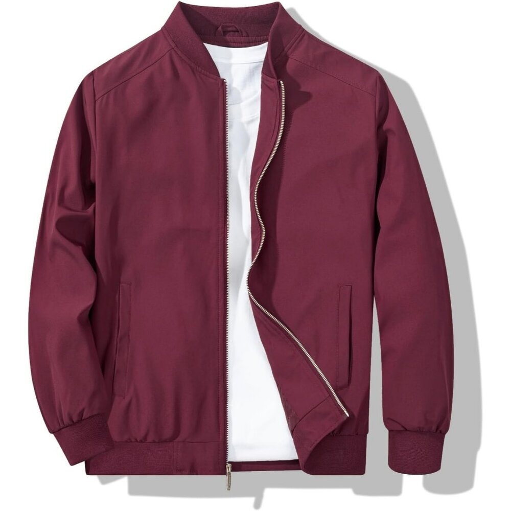 Men's Dark Red Stylish Lightweight Bomber Jackets Coat Winter Inner Pocket